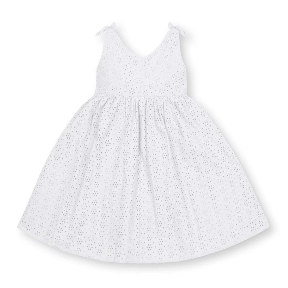 Hope and Henry Girls' Sleeveless White Eyelet Bow Shoulder Swing Dress